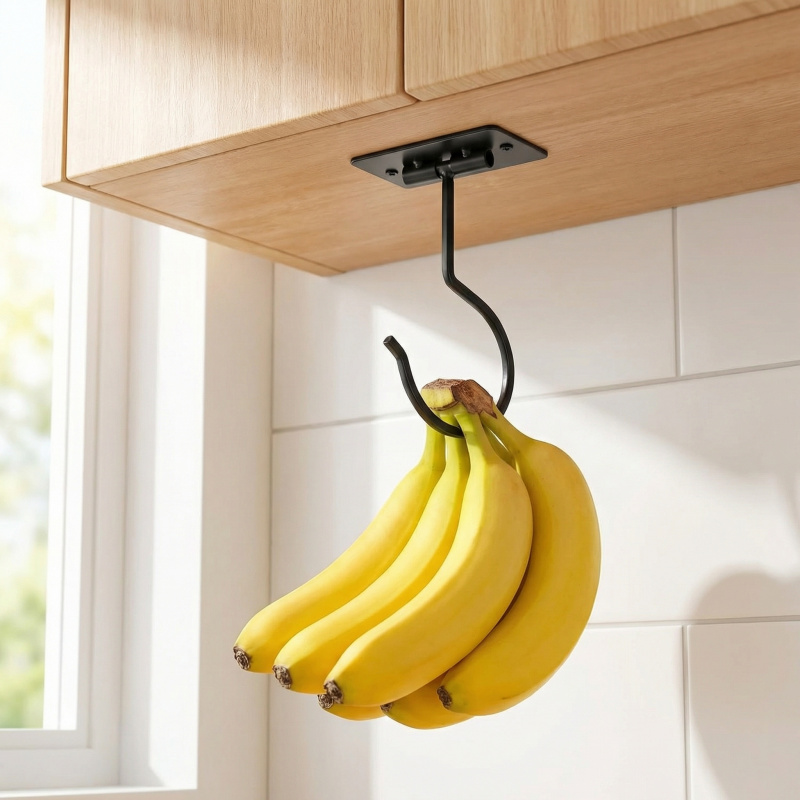 Kitchen Gadgets Organizer - Black Metal Self-Adhesive Banana Hook Foldable